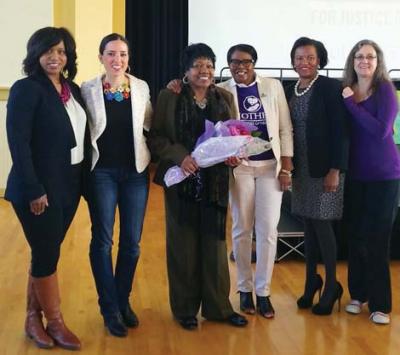 Empowerment Breakfast: From left: City Councillor Ayanna Pressley, Senator Sonia Chang-Diaz, Rep. Gloria Fox, Monalisa Smith of Mothers for Justice and Equality (MJE), Senator Linda Dorcena Forry and Mia Alvaro, Board Chair of MJE. 	Chanie Infante Louisma photo